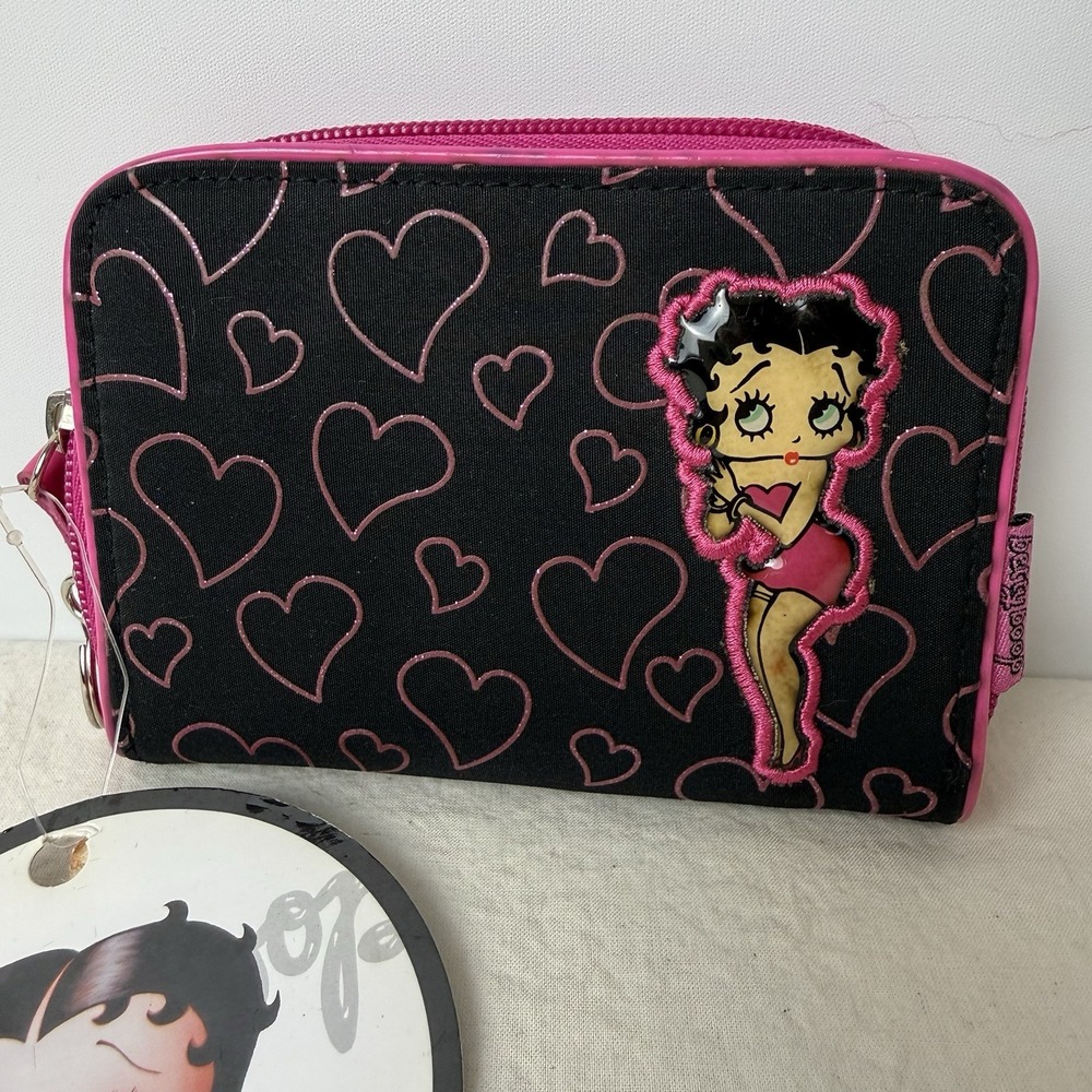 VTG Betty Boop Zip Around‎ Wallet Clutch Coin Purse Pink Black Hearts NWT 2005